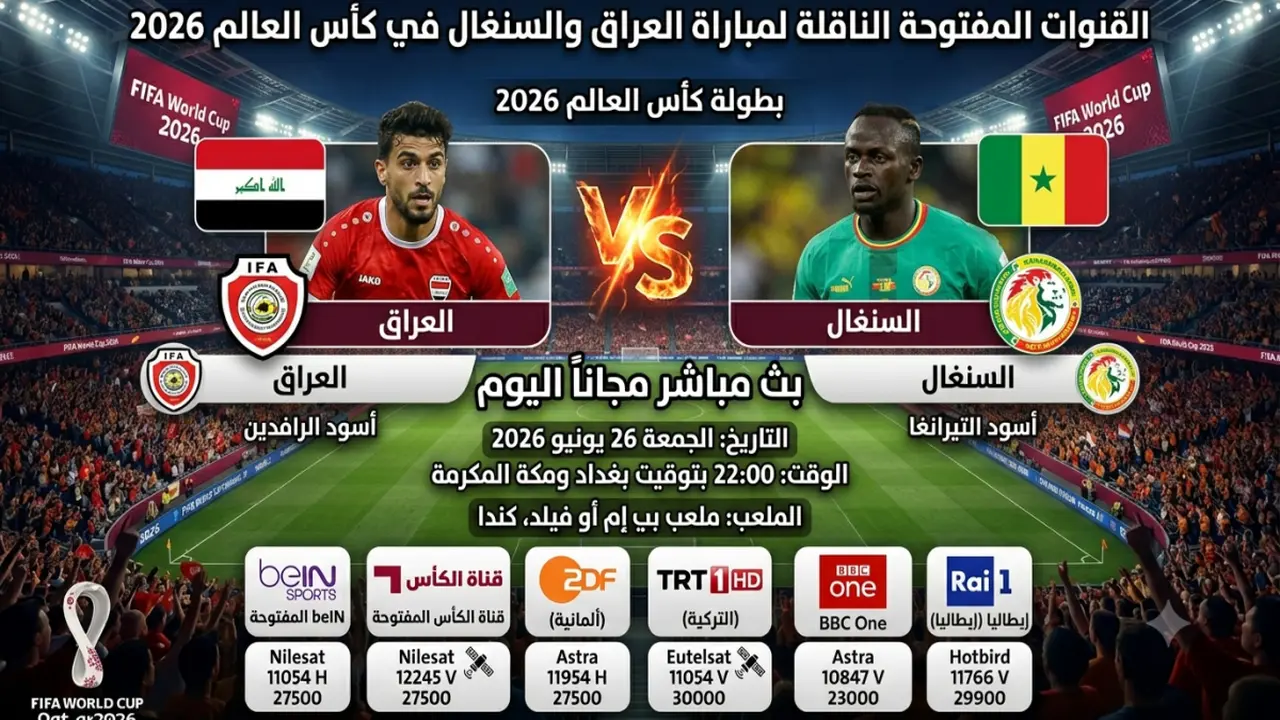 القنوات المفتوحة لمباراة العراق والسنغال في كأس العالم